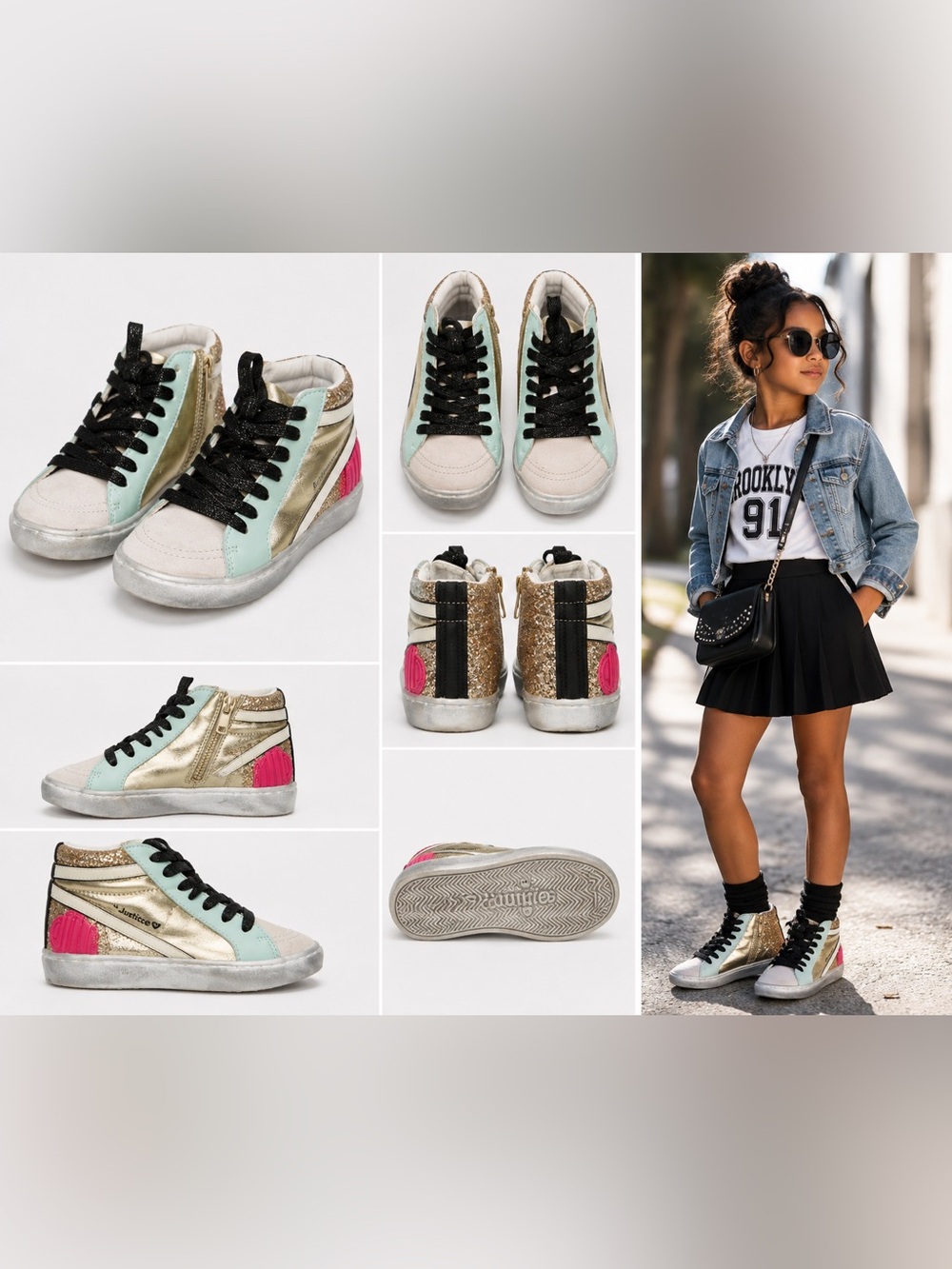 ✨ Justice Girls Metallic Glitter High-Top Sneakers | Gold Aqua Pink ✨